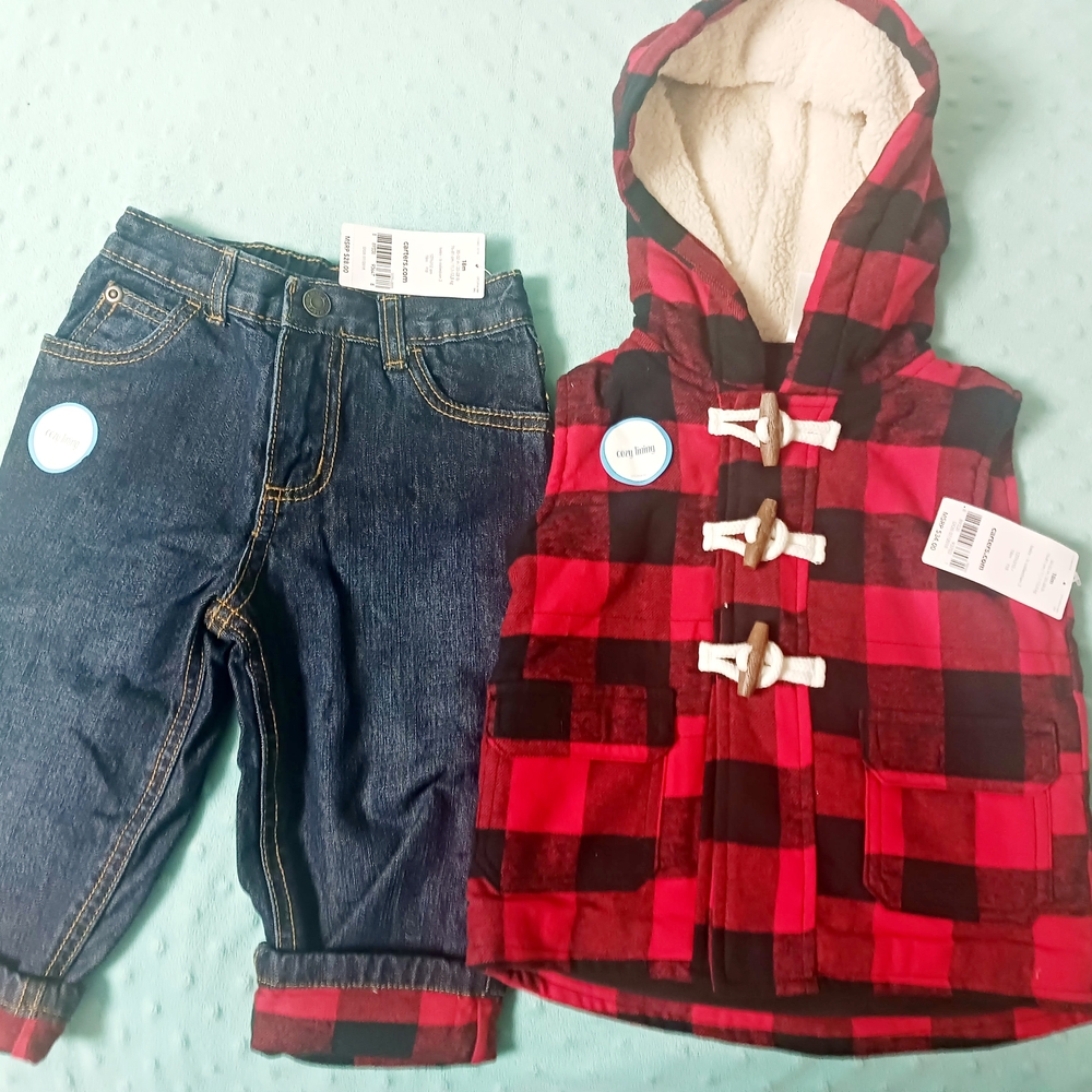 Carter's Red and Black Plaid Vest with Blue Jeans Set
